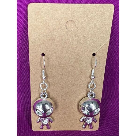 Handmade Dangly Silver Alien Earrings - Picture 1 of 3